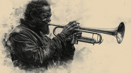 Medieval trumpeter sketch with engraving style for historical music art design © Zhanar