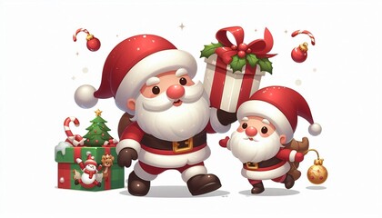 Cartoon Santa Claus and Elf with Christmas Gifts and Decorations