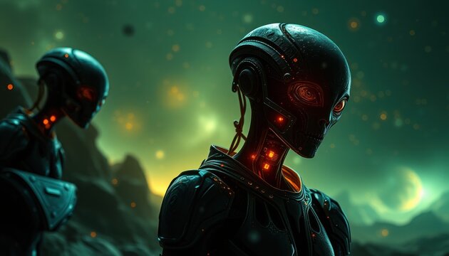 Futuristic alien technology in cosmic landscape