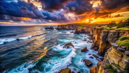 Dramatic symphony of nature Dusk descends on rugged coastline creating powerful beauty