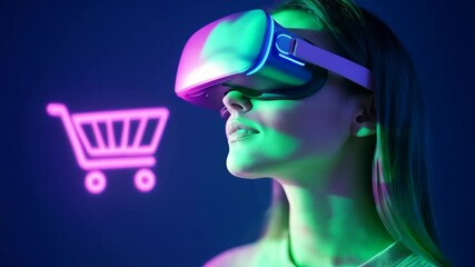 Woman using VR headset for virtual shopping on neon purple background. Cyber Monday, Black Friday. Virtual reality, metaverse, technology and online shopping concept. Ecommerce  - Powered by Adobe