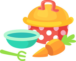 Vibrant illustration featuring a pot, a bowl filled with baby food, a carrot, and a baby spoon, emphasizing the preparation of nutritious meals for infants