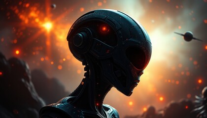 Futuristic alien encounter in cosmic landscape