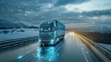 A futuristic semi-truck drives on a highway, with digital circuitry and glowing lights.