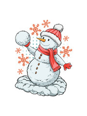 Snowman Playing Snowball. Christmas Cartoon Character Vector Illustration. Christmas Graphic for T-shirt Design