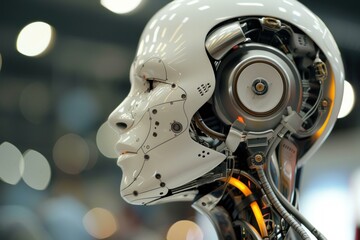 Fototapeta premium Close up of a white and chrome humanoid robot with glowing orange wires