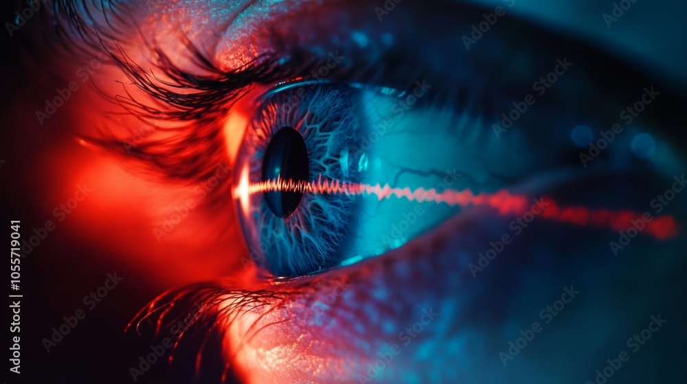 Aufkleber a close-up of a human eye exhibits vibrant blue and red hues, with a dynamic sound wave pattern refl