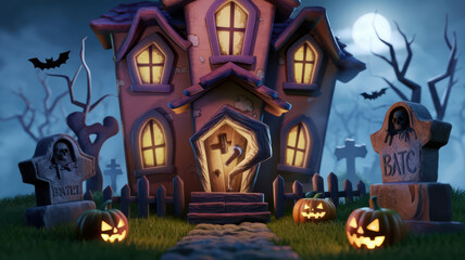 spooky 3D render of haunted house with glowing windows, surrounded by graveyard featuring tombstones, bats, and carved pumpkins, creating eerie Halloween atmosphere