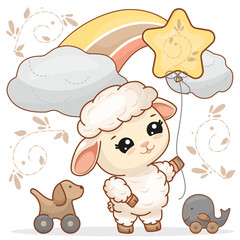 Funny sheep with a balloon in the form of a star under the rainbow. Decorative scarf for a nursery. Vector illustration in a flat style. For posters, banners, cards and packages