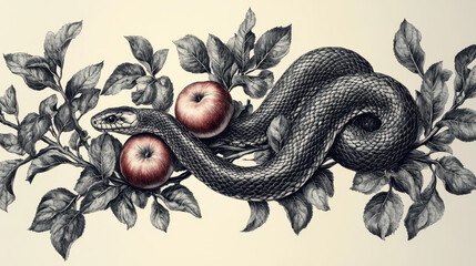 Biblical theme: serpent and apple tree in intricate line art