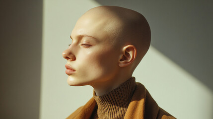 Bald person with smooth head and calm expression