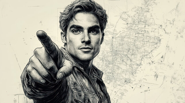 Confident man making attention gesture with index finger in dynamic portrait