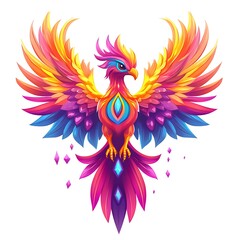 Obraz premium Cartoon phoenix rising with colorful flames and a confident expression on a white background.