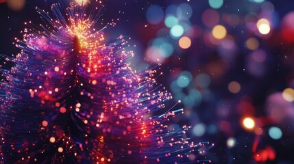 Obraz premium A close-up of a fiber optic Christmas tree with a blurred background of colorful lights.
