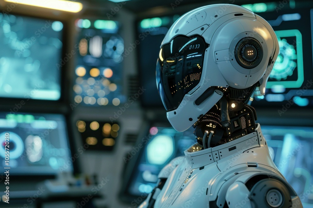 Poster humanoid robot working with futuristic user interface, analyzing information from digital dashboard 