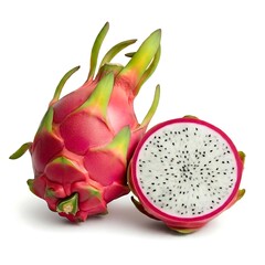 Ripe dragon fruit, one halved, showing white flesh and black seeds.  Solid white background.