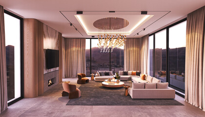 Modern Luxury Living Room Designed with Gorgeous Scenic Views Enhancing Your Experience, 3d rendering