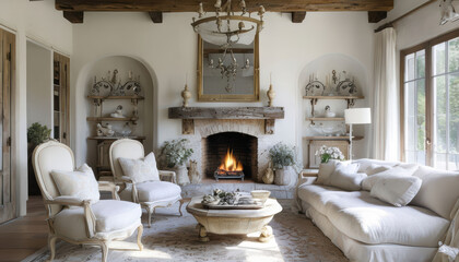Cozy modern living room featuring elegant chairs and plush sofa near rustic fireplace, creating warm and inviting atmosphere