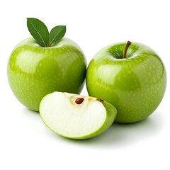 Two whole green apples, one sliced, leaves; white background. Fresh, vibrant, healthy.
