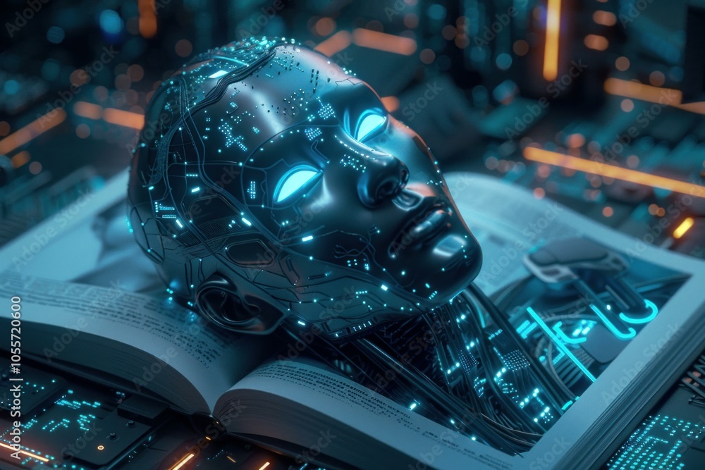 Poster futuristic concept of ai learning and absorbing knowledge from a book, symbolizing the power of data