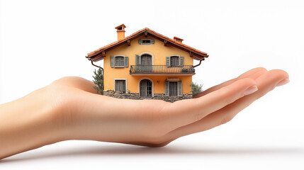 House model in hand on blurred background, closeup. Mortgage concept