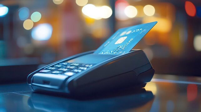 A credit card being processed on a payment terminal in a dimly lit environment.