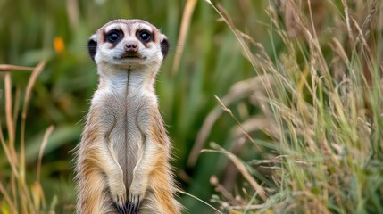Fototapeta premium A meerkat standing upright among tall grass, showcasing its alert posture.