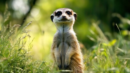 Fototapeta premium A meerkat standing upright in a grassy area, showcasing its curious expression.