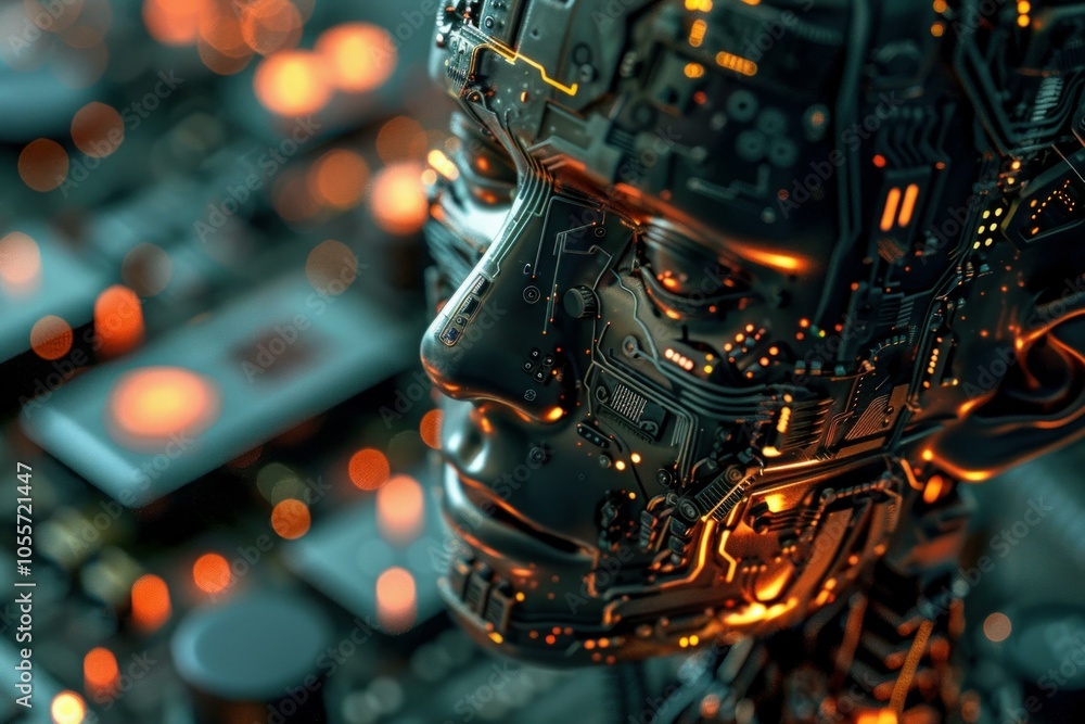 Poster artificial intelligence face made with computer circuit board glowing in the dark