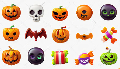 Halloween icons featuring pumpkins, skulls, bats, and candy create festive atmosphere. These colorful 3D vector icons are perfect for celebrating spooky season