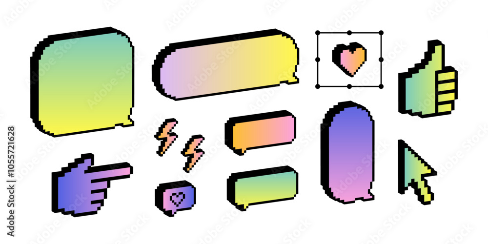 Poster speech bubble set. 3d pixel art. text balloons. empty dialogue box. y2k bright gradient vector shape