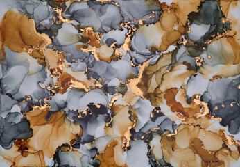 Snaking rivers of metallic gold weave through  vibrant interplay of soft and bold tones. Movement and balance in nature, crafted in the fluid ink technique to create seamless transitions  rich texture