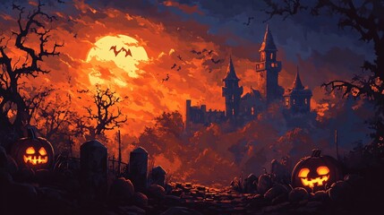 Halloween Haunted Castle with Jack O Lanterns and Full Moon