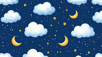 Naklejka premium A whimsical night sky pattern featuring clouds, moons, stars, and a dark blue background.
