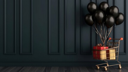 Elegant black balloons and gift basket a stylish celebration setup against a dark wall for party lovers