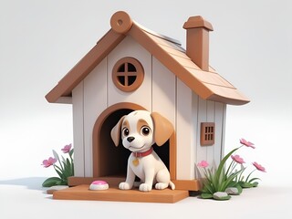 3d cartoon puppy with dog house cage