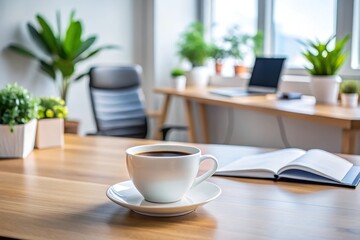 Obraz premium A minimalist lifestyle shot of a coffee cup on a clean, tidy desk in a modern office.