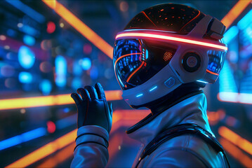 A futuristic astronaut explores a neon-lit digital landscape filled with vibrant colors at twilight. 