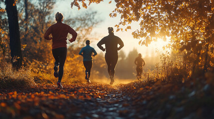 Autumn joggers embrace the golden light on a serene forest trail in the late evening hours.