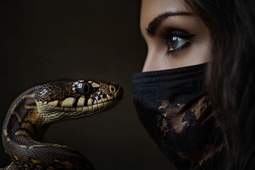 A captivating moment of connection between a woman and a snake in a darkened setting, highlighting the beauty of nature's creatures. 