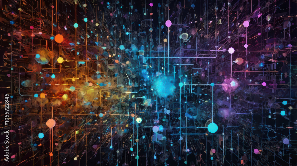 Poster digital abstract background featuring vibrant colors and intricate patterns, ideal for depicting tec