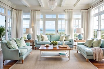 Fresh and airy beach house living room with a pale blue sofa and sheer white curtains.