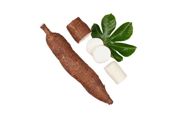 Cuts of cassava tubers and their leaves isolated transparent