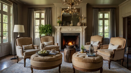 Elegant living room scene featuring vintage armchairs, cozy fireplace, and natural light. warm ambiance invites relaxation and comfort