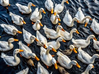 Aerial View of White Ducks Swimming in Black Petroleum - Drone Photography