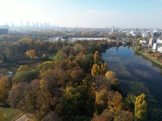 Autumn Park with Lake and Distant City under Clear Sky