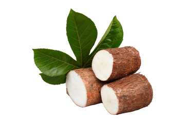 Cuts of cassava tubers and their leaves isolated transparent