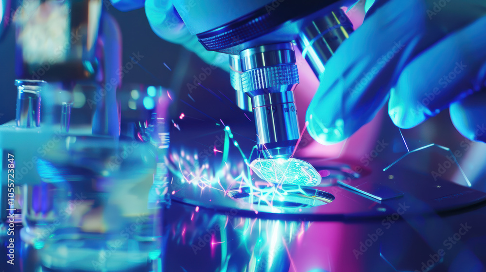 Poster close up of lab technician gloved hands using microscope, showcasing vibrant colors and dynamic ligh