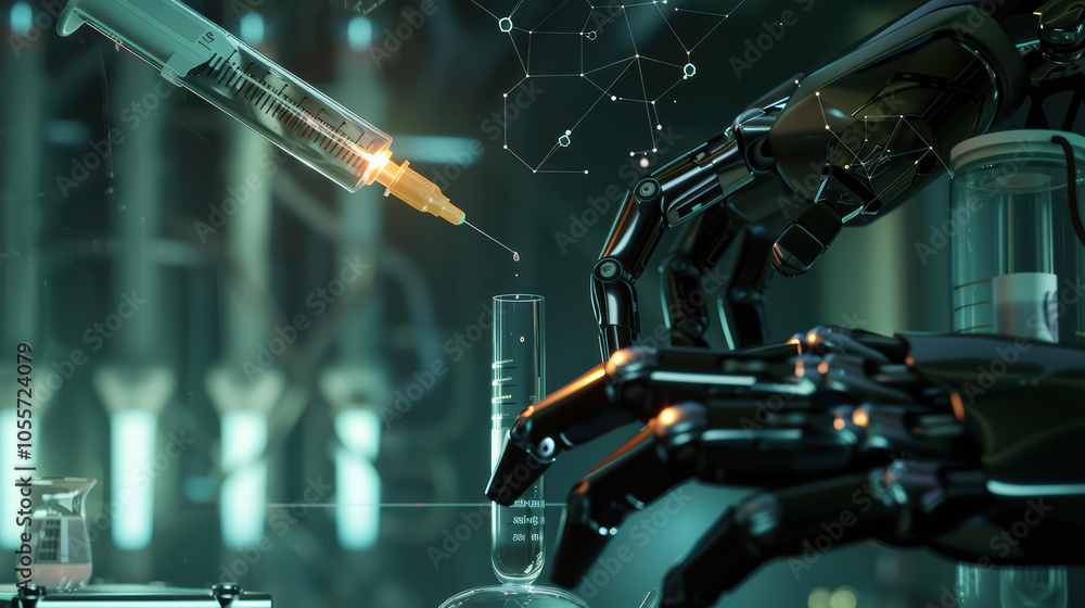 Poster futuristic robotic arm injecting syringe into test tube in lab. scene showcases advanced technology 