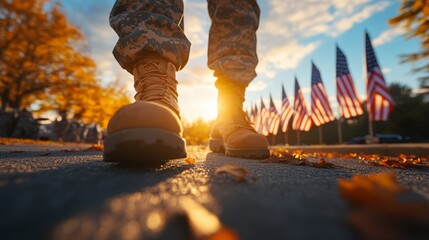 Soldier Walking Past Flags at Sunset